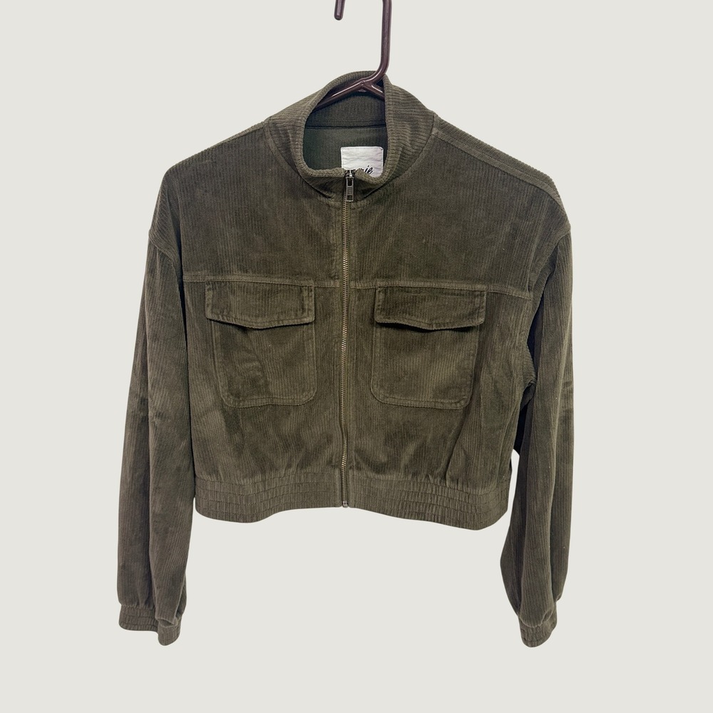 Aerie Olive Green Corduroy Cropped Bomber Jacket Mock Neck Zip Up Size Medium